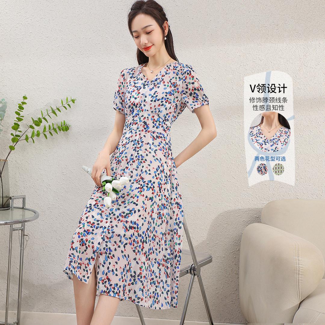 11798231.【清仓特卖】【连衣裙】夏季清新收腰显瘦V领时尚优雅印花长裙女