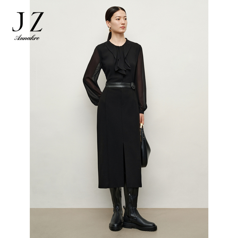 11796172.玖姿安娜蔻摩登时髦解构设计感显瘦罗马布长裙女2024秋季新款
