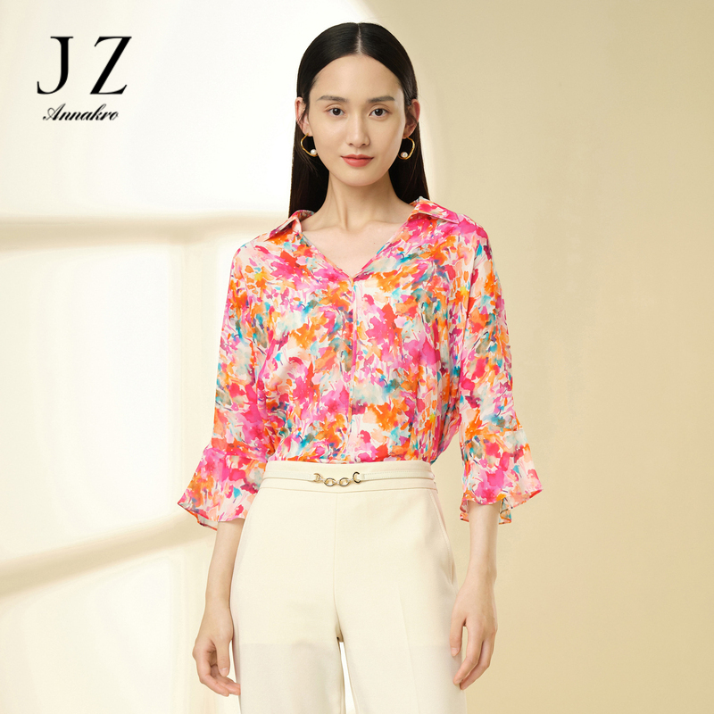 11798194.JZ玖姿商场同款印花真丝小衫女装2023春季桑蚕丝单上衣JWCC80201