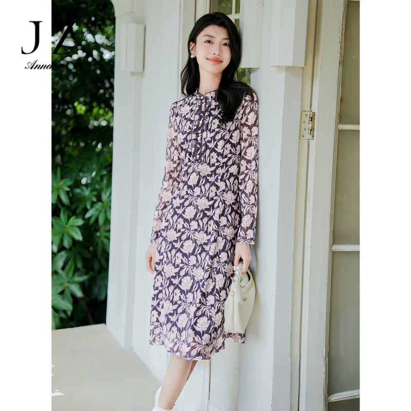 11795948.玖姿安娜蔻浪漫优雅荷叶边碎花纱罗连衣裙女装2024秋季新款