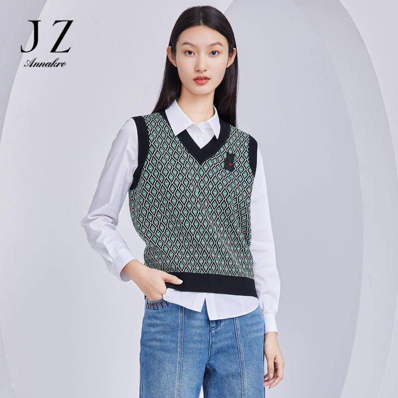 11797896.商场同款JZ玖姿针织衫女装2023秋季新款时尚几何背心JWCQ31305