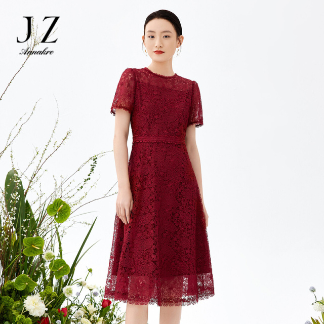 11797464.JZ玖姿商场同款酒红裙子女2023夏季新款优雅蕾丝连衣裙JWCX50033