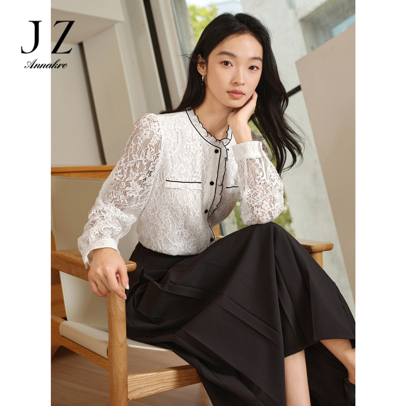 11796958.玖姿安娜蔻东方洛可可珠片蕾丝撞色肌理长袖衬衫女2024秋季新款