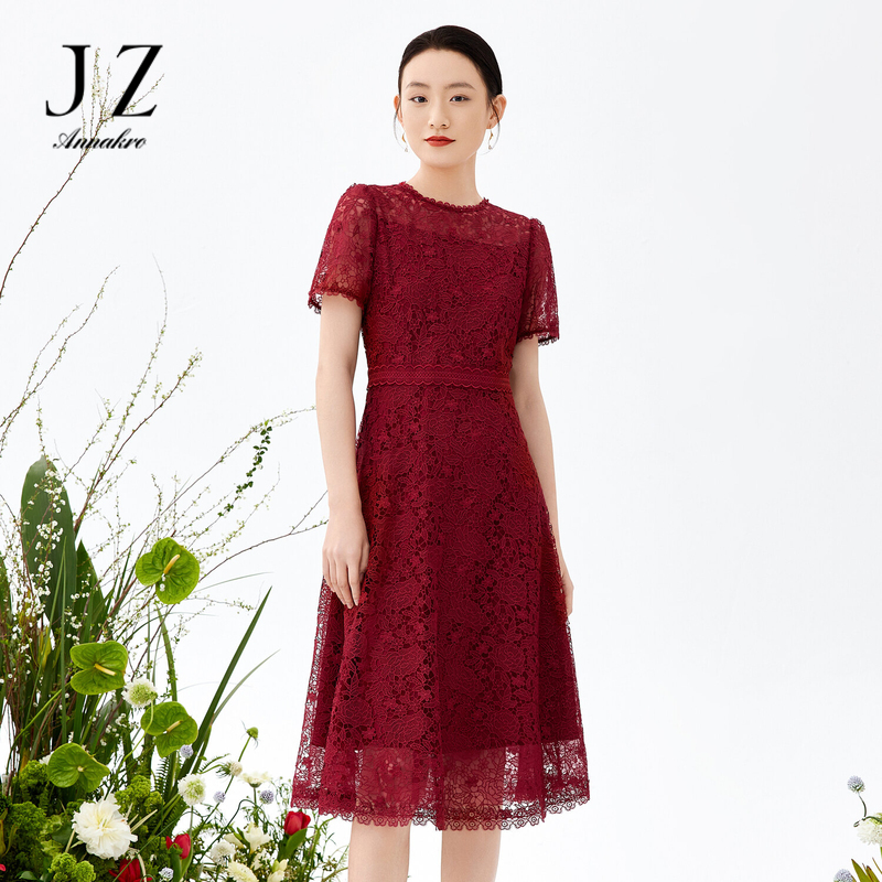 11797464.JZ玖姿商场同款酒红裙子女2023夏季新款优雅蕾丝连衣裙JWCX50033