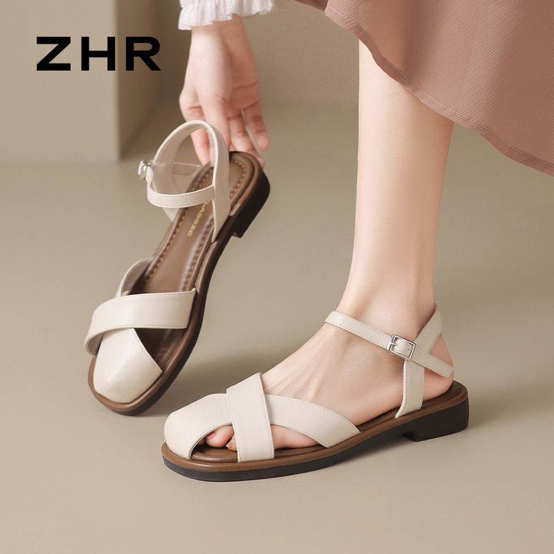 12735534.【ZHR则则】包头凉鞋圆头搭扣平底女鞋[PU]