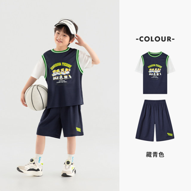 13308886.男童运动短袖短裤儿童夏季篮球服中大童装假两件小熊印花网眼套装