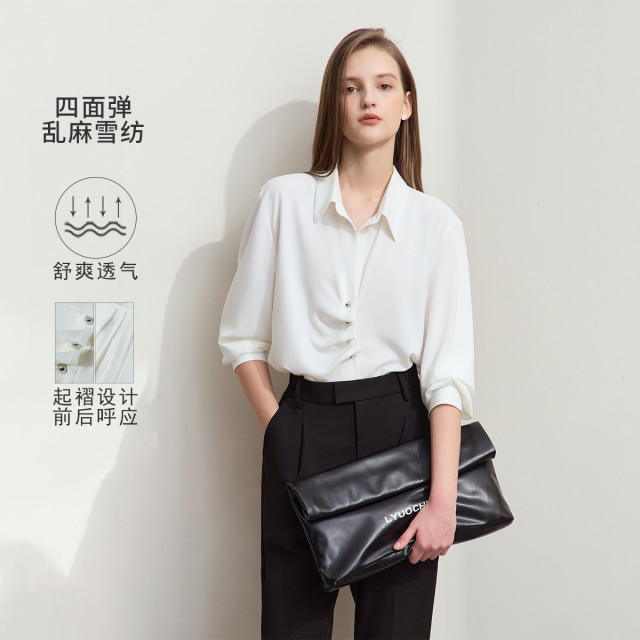 11815902.极简纯色中长宽松微弹力翻领长袖雪纺衫女通勤衬衫