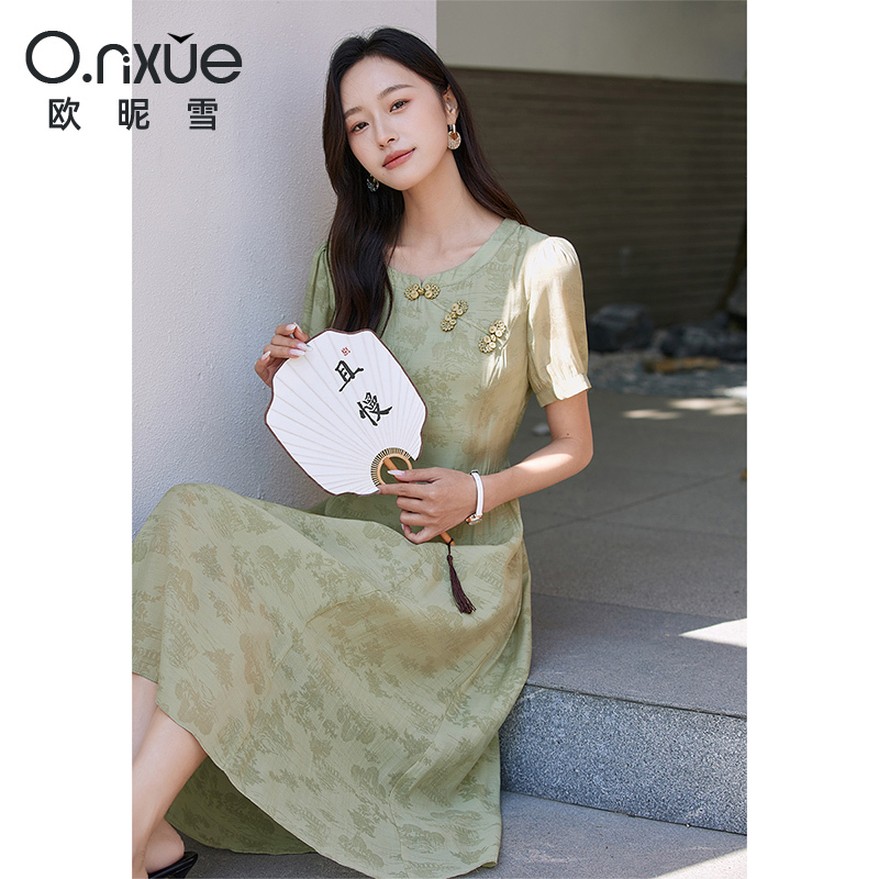 11813956.欧昵雪【时尚清新优雅圆领裙子】新中式山水画印花连衣裙女