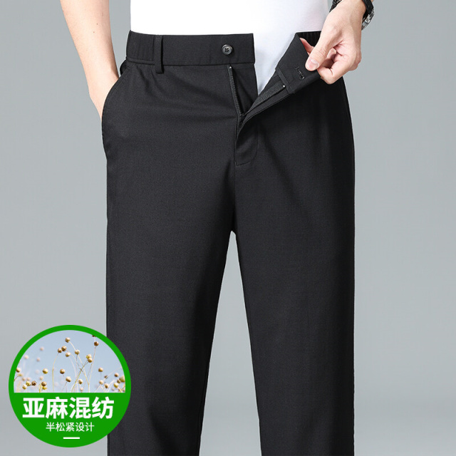 11832370.夏季薄款亚麻混纺半松紧休闲裤中青年男士透气亚麻休闲裤