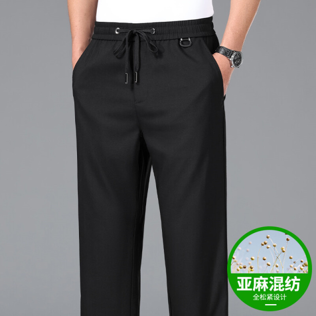 11834052.夏季薄款亚麻混纺松紧裤休闲裤中青年男士透气亚麻休闲裤