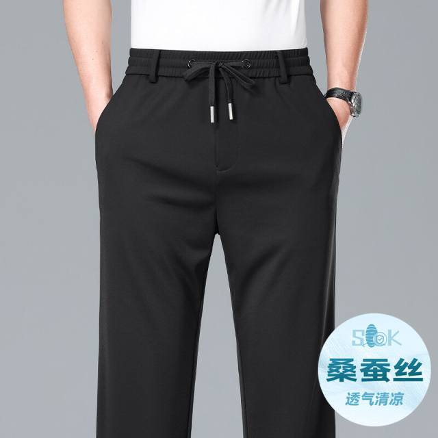 11832356.夏季薄款桑蚕丝松紧裤休闲裤中青年男士透气运动裤子商务男裤