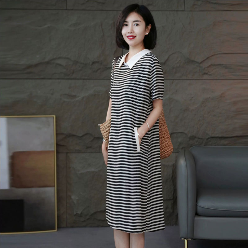 13460814.初云紫衣夏装 女短袖条纹连衣裙休闲时尚显瘦中长款POLO领裙子2707