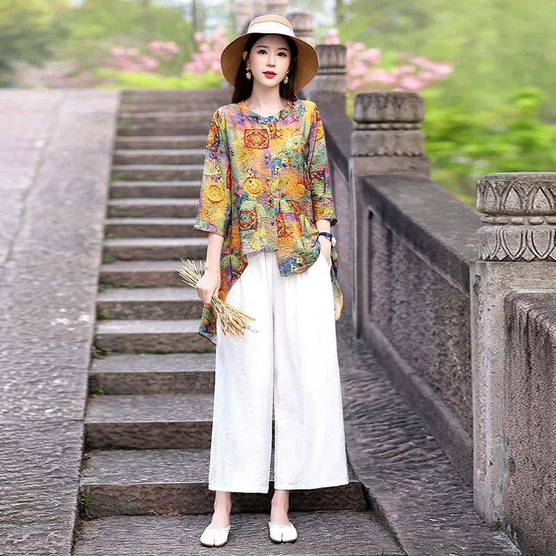 13460830.初云紫衣夏装 女印花上衣宽松阔腿裤套装民族风时尚显瘦两件套8225