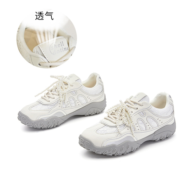 11863268.墨斯本真皮小白鞋新款双鞋带阿甘鞋女蕾丝珍珠休闲百搭德训鞋女11787