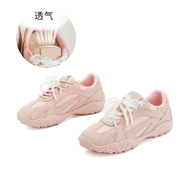 11863256.墨斯本真皮德训鞋女新款蕾丝珍珠休闲小白鞋女厚底运动阿甘鞋女11792