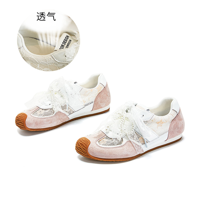 11863285.墨斯本真皮蕾丝德训鞋女新款配裙子网面透气珍珠百搭阿甘鞋板鞋11819