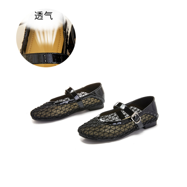 11863252.墨斯本羊皮玛丽珍鞋新款女士休闲单鞋镂空网面透气平底浅口女鞋11799