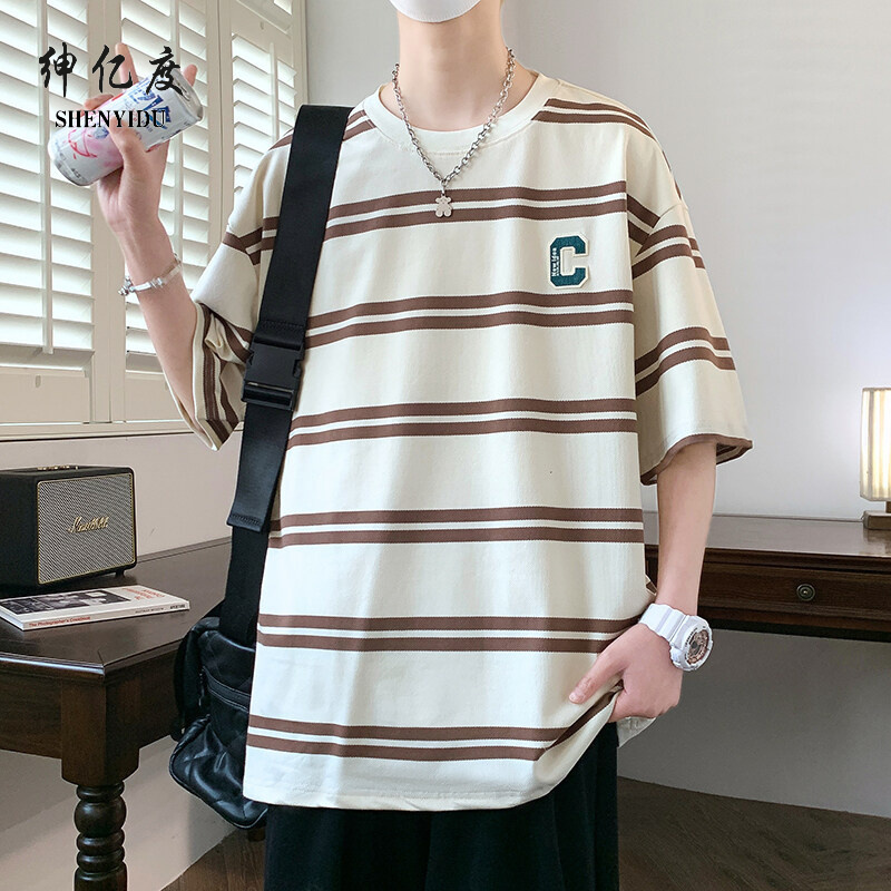 11867094.新款条纹圆领T恤男2024夏季新款条纹短袖t恤潮流ins港风休闲上衣