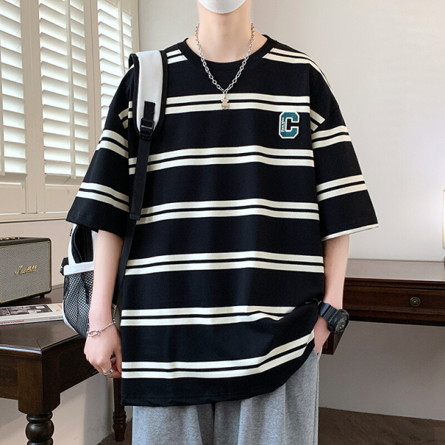 11867025.新款条纹圆领T恤男2024夏季新款条纹短袖t恤潮流ins港风休闲上衣