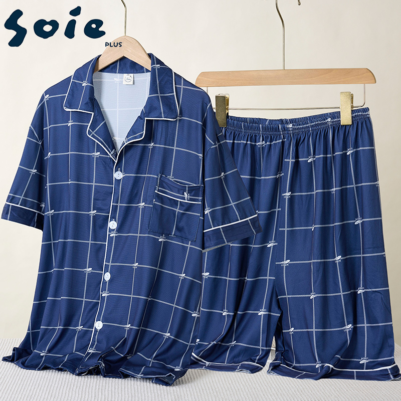 11874519.少宜睡衣家居服夏季新款冰丝薄款短裤短袖真丝男士套装可外穿可外出大码居家春秋亲肤休闲加大加肥基础宽松柔软