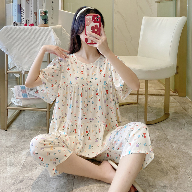11874521.少宜睡衣套装家居服棉绸夏季纯棉可外穿薄款短袖可爱休闲韩版女生女孩外出女款短裤带胸垫新款大码居家春秋亲肤