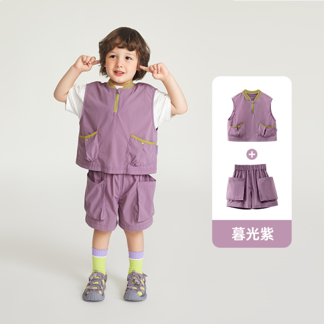 11874600.[小凉伞]齐齐熊男童夏装套装儿童2024新款工装背心宝宝撞色户外薄