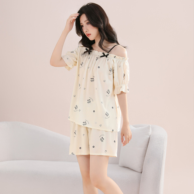 11874524.少宜睡衣套装家居服棉绸可外穿薄款短裤短袖女生可爱休闲时尚可外出带胸垫女款新款夏季大码居家春秋亲肤加大