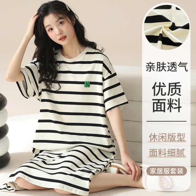 13648618.品彩【经典条纹】简约休闲风睡裙中长款可外穿ZH11896