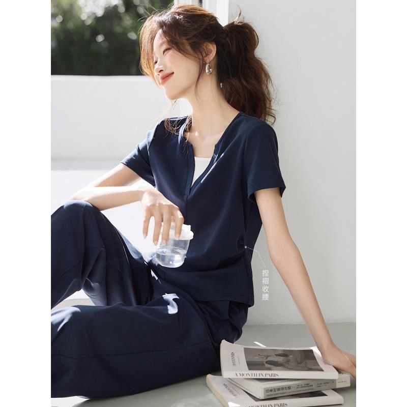 11908413.【沫晗依美】【休闲撞色拼接T恤休闲裤套装】设计感运动风套装