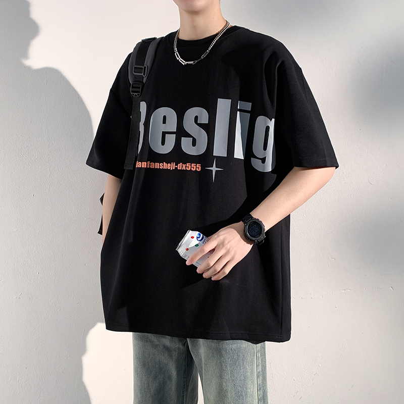 11904587.淘贝鼠夏季新款男式大码潮牌字母青少年百搭短袖T恤【淘贝鼠男装XJ】