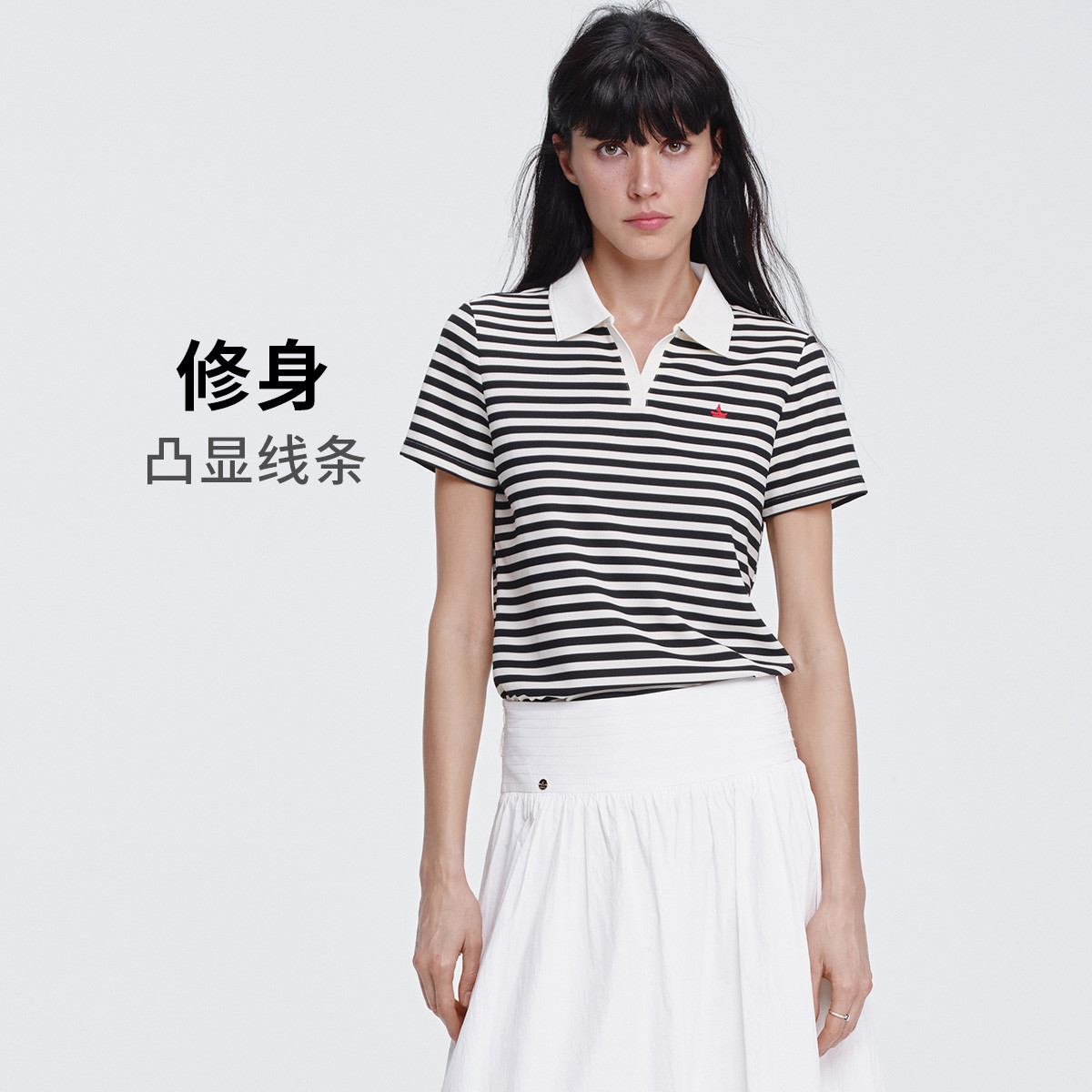 11907174.意大利小帆船夏季修身短t恤女经典复古条纹短袖Polo衫女上衣