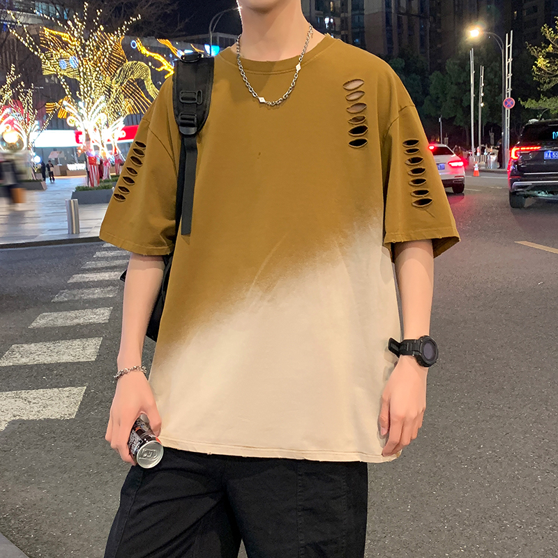 11904575.七玻威夏季新款男式M-8XL潮牌破洞复古型男百搭短袖T恤【七玻威男装XJ】