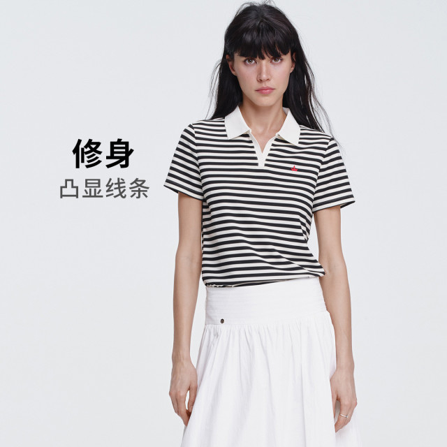 11907174.意大利小帆船夏季修身短t恤女经典复古条纹短袖Polo衫女上衣