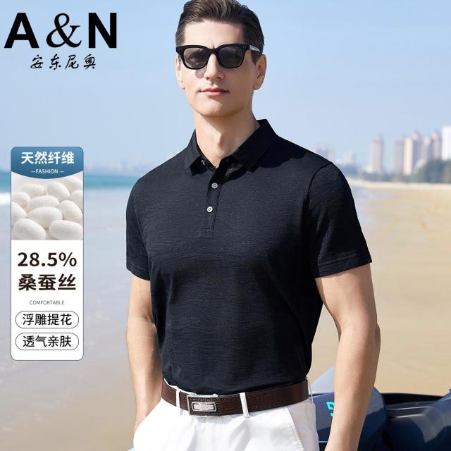 11911395.【28%桑蚕丝】提花短袖POLO衫男夏季薄款翻领休闲半袖T恤