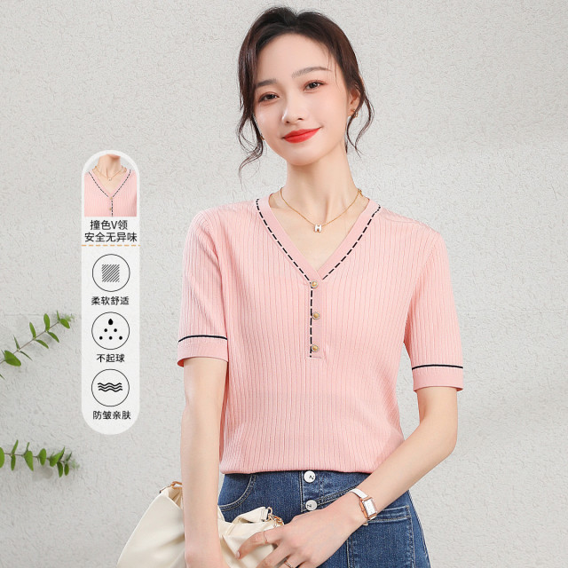 11979943.【清仓特卖】【撞色针织衫】夏季V领百搭修身显瘦半袖上衣女薄款T恤