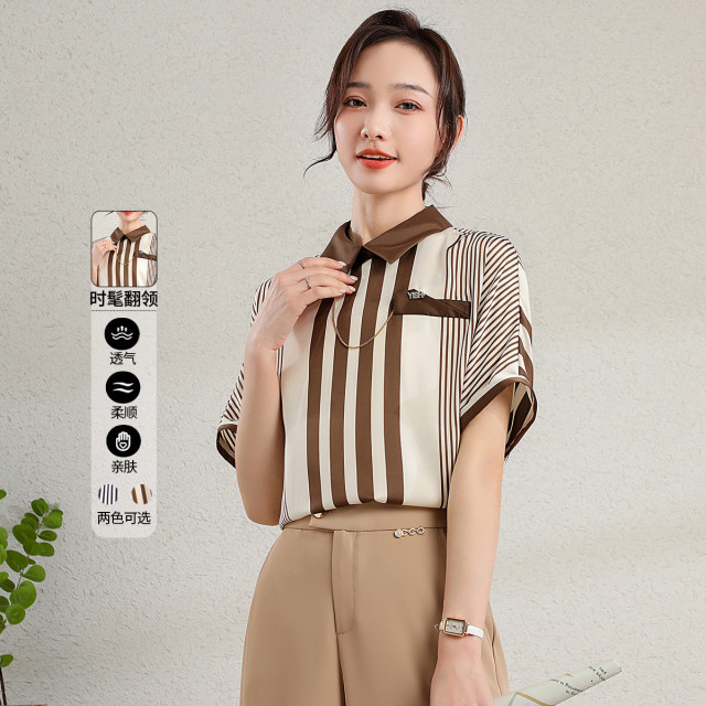 11980035.【清仓特卖】【条纹雪纺衫】夏季宽松遮肉翻领短袖套头衬衫女