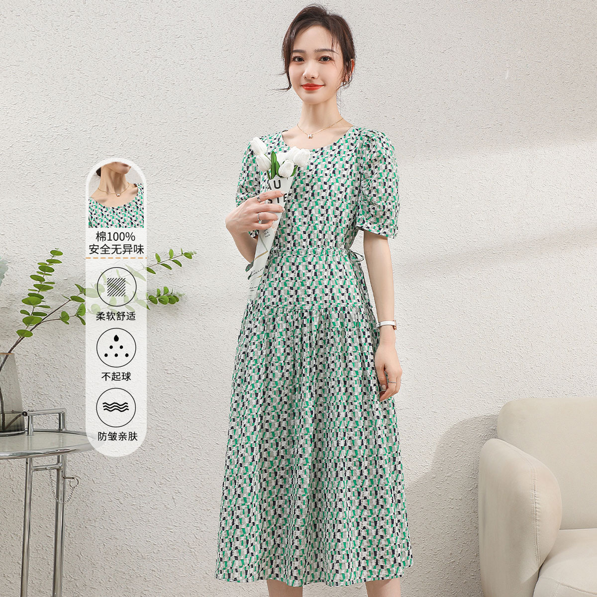 11978805.【清仓售罄不补】【棉】夏季圆领短袖减龄长裙薄款收腰连衣裙