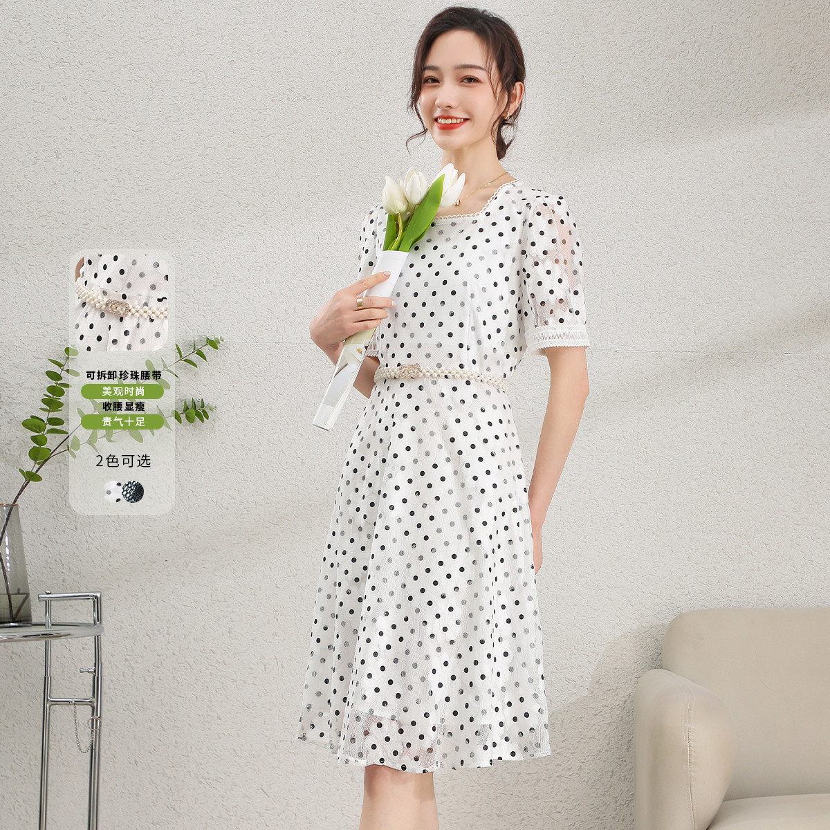 11959810.【清仓特卖】【连衣裙】夏季方领短袖波点气质百搭撞色蕾丝长裙