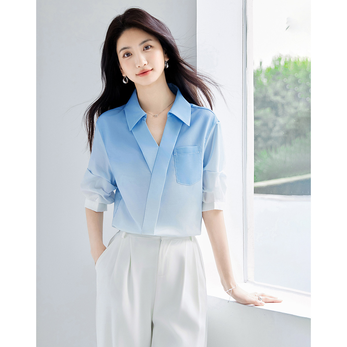 11934393.【2025夏日穿搭】设计感小众时尚气质渐变显瘦小个子女式衬衫