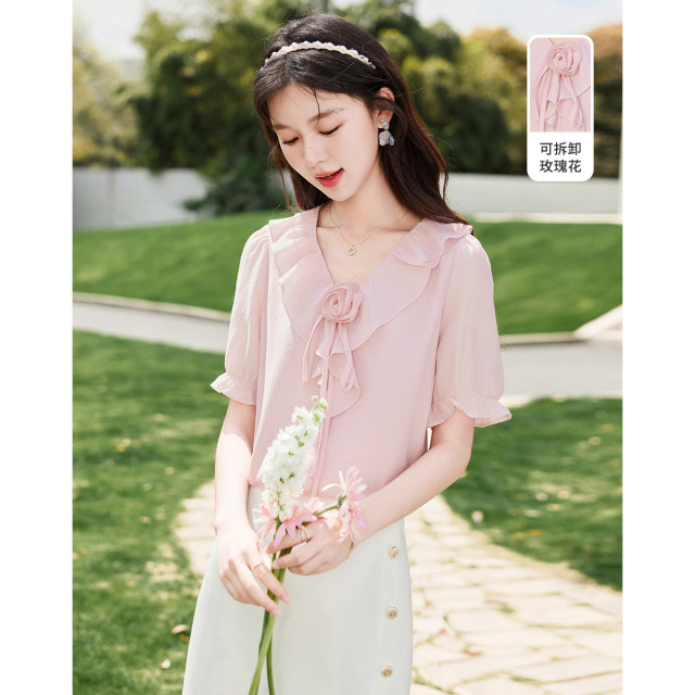 11934432.【2025夏日穿搭】设计感小众时尚气质玫瑰花显瘦小个子女式衬衫