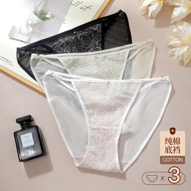 11934457.3条装性感高级情调内裤女轻薄刺绣蕾丝纯棉底裆低腰内裤