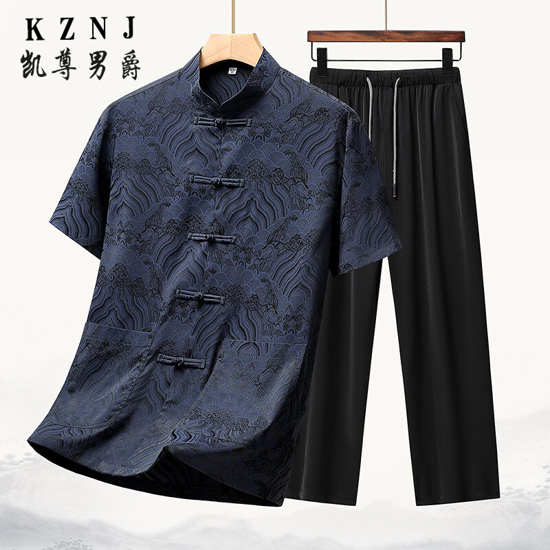 11961741.25年新款唐装男中老年丝绸爷爷夏装老人中式衣服爸爸冰丝短袖套装