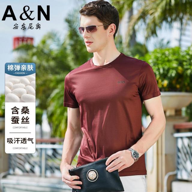 11961227.【含桑蚕丝】丝滑透气夏季薄款t恤男短袖圆领亲肤纯色半袖棉体恤