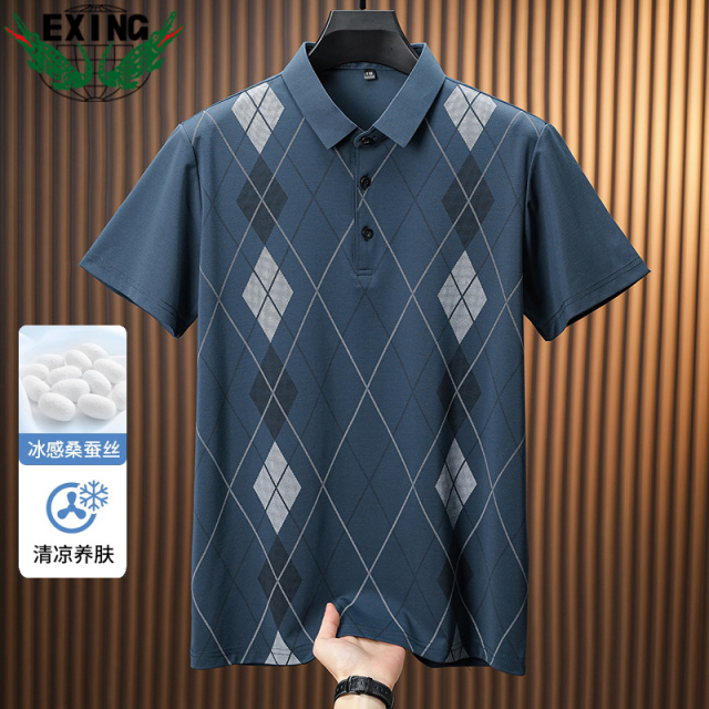 12645691.【含桑蚕丝】EXING男士格子翻领POLO衫