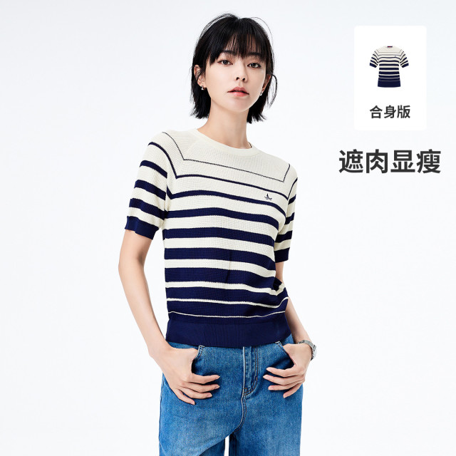 11976088.【针织T恤】意大利小帆船 春季顺滑亲肤显瘦女士短袖圆领针织衫
