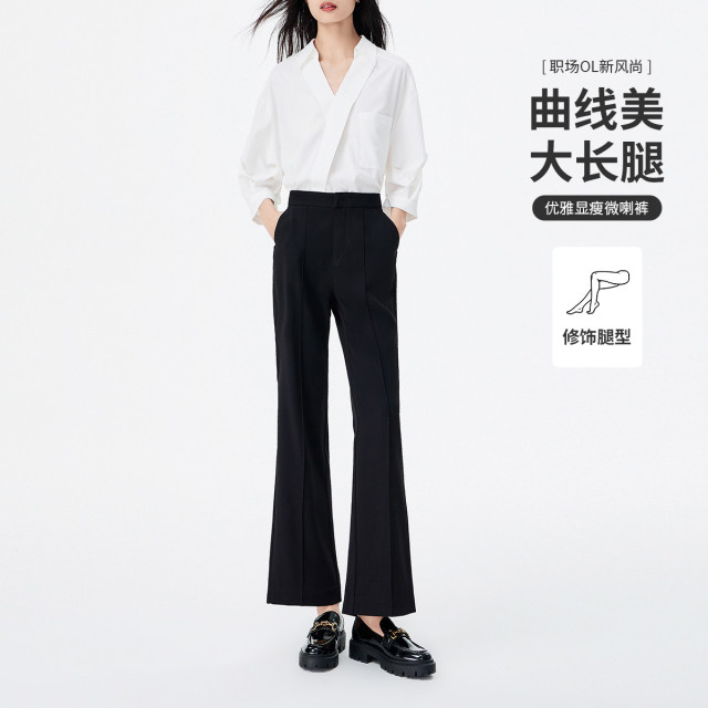 11976086.意大利小帆船 春夏时尚复古微喇长裤港风弹力女士休闲九分休闲裤