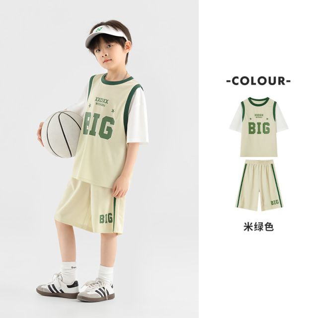 13310588.男童篮球服夏季短袖短裤时尚假两件中大童拼色透气网眼运动套装潮