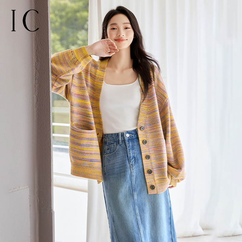 11980546.彩色花纱条纹针织衫女2025新款秋季气质宽松休闲舒适慵懒上衣