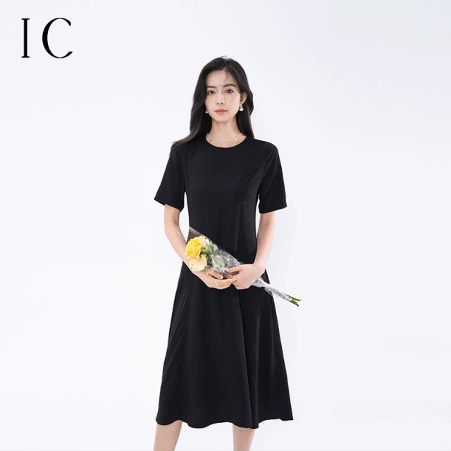 11980494.圆领短袖压褶连衣裙女气质收腰舒适显瘦伞裙裙子夏季薄款长裙