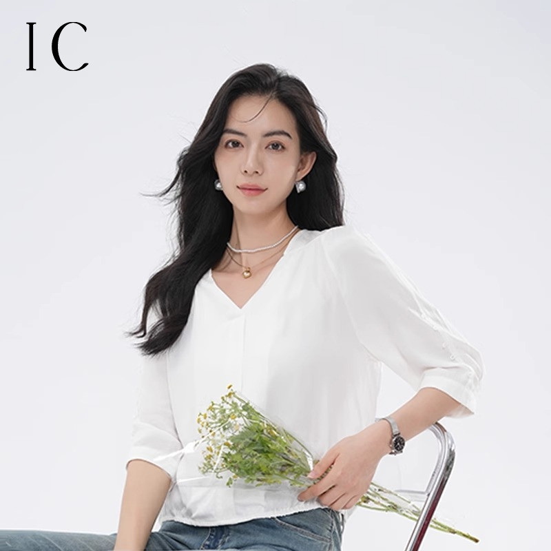 11980568.七分袖收下摆V领衬衣百搭夏季薄款衬衫上衣女士通勤气质小衫